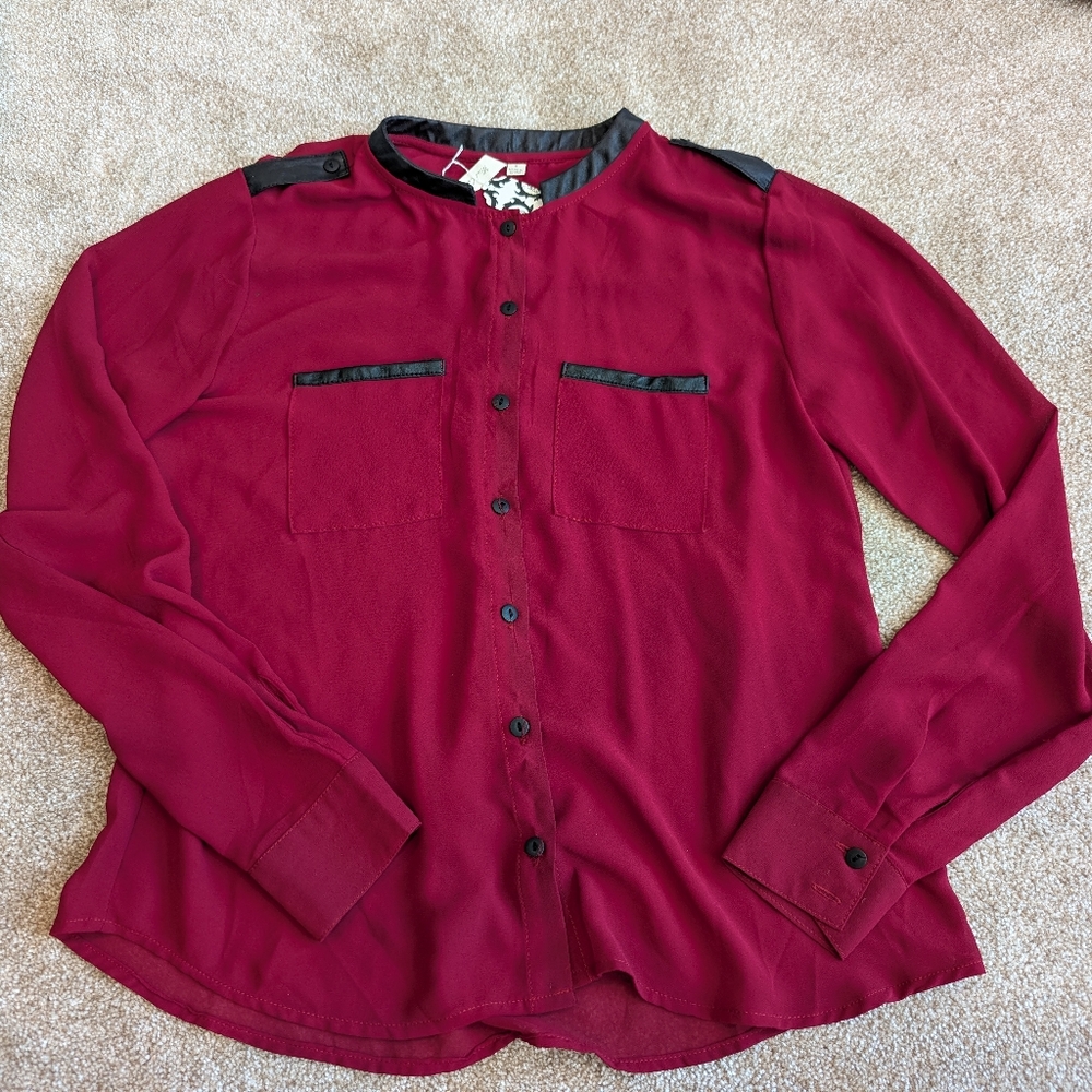 NWT Mind Code Ladies Women's Long Sleeve Sheer Shirt Red Faux Leather Trim Sz S